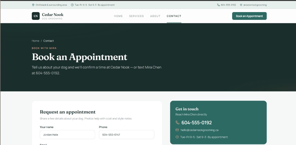 Cedar Nook Dog Grooming contact and appointment booking page