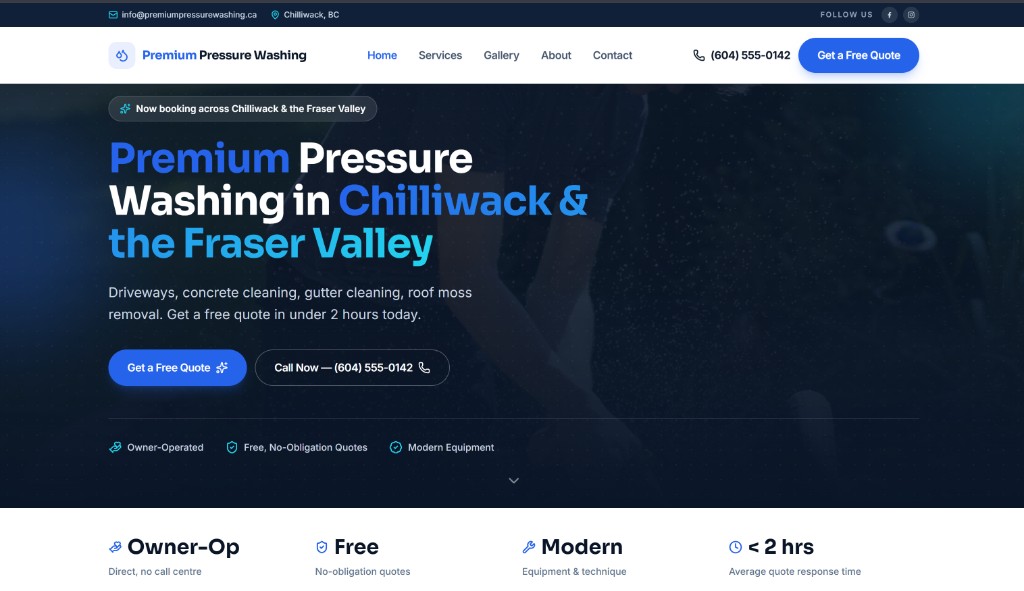 Premium Pressure Washing homepage with hero and service highlights